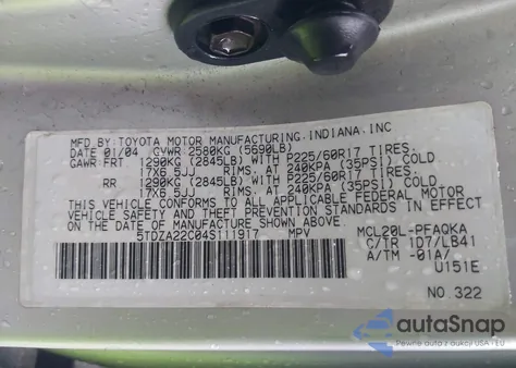 2004 Toyota Sienna Xle Limited из США, поврежденный, VIN 5TDZA22C04S111917